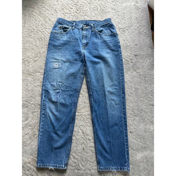 Vintage 90s Lee Jeans 33x30 Straight Leg Upcycled Distressed Mended Unisex Denim - Picture 4 of 9